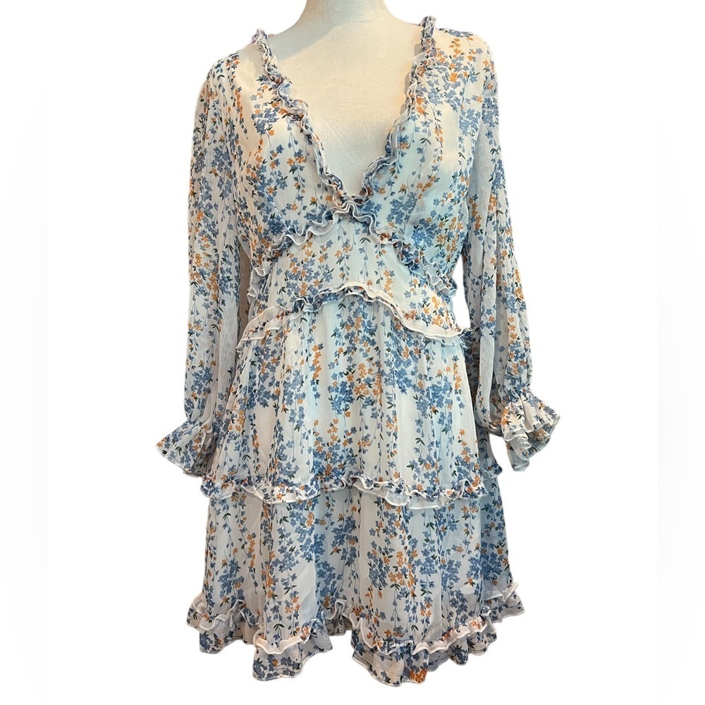 Small Sexyshine Women‘s Deep V Neck Ruffle Floral Print Open Back Mini Dress - Picture 6 of 11